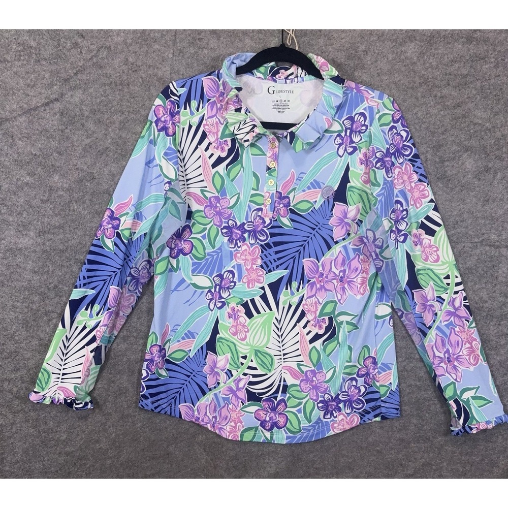 G Lifestyle Shirt Womens Sz L Blue Floral Partial Mesh Sleeve 1/4 Button